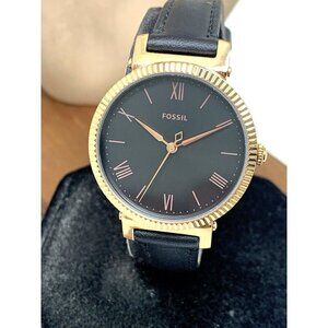 Fossil Women's Watch ES4793 Daisy Rose Gold Tone Black Leather Quartz 34mm